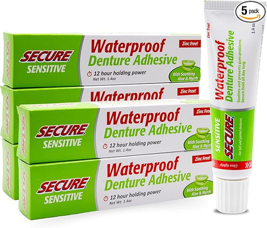Secure Sensitive Denture Adhesive with Aloe Vera & Myrrh – 12-Hour Max Hold – Patented Waterproof Seal – for All Denture Types – Food Grade Ingredients – 1.4 oz