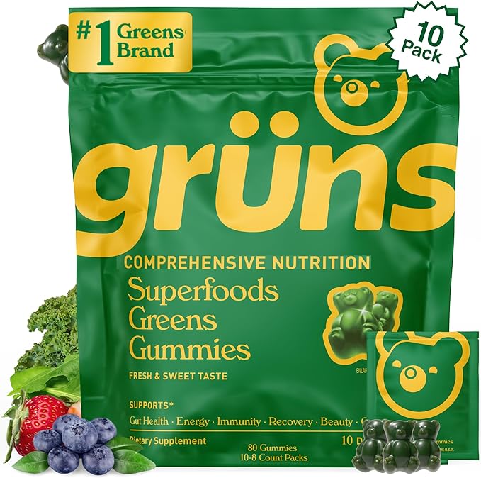 Gruns Adults Super Greens Gummies, Multivitamin Superfood Gummy Bears, Spirulina, Chlorella, Prebiotics & Fiber Gummies for Digestive Health, Adaptogens Supplement, 20 Vitamins & Minerals, 10 Count