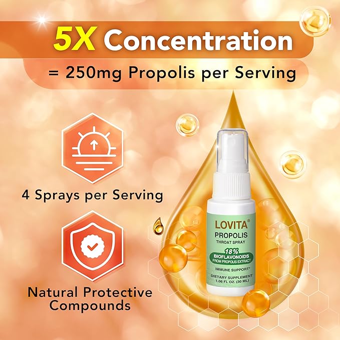 Lovita Bee Propolis Throat Spray, 18% Bioflavonoids, Alcohol-Free, Immune Support, Throat Soothing, Antioxidant, Gentle Taste, 1 Fl Oz (Pack of 3)