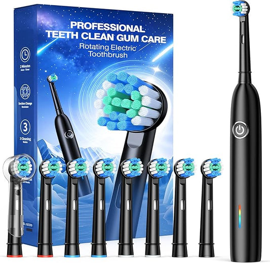 Rotating Electric Toothbrush with 8 Brush Heads for Adults and Kids, 3 Modes Rechargeable Power Toothbrush with 2-Minute Smart Timer, 45-Day Battery Life