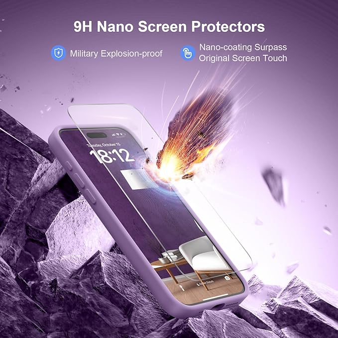 Magnetic for iPhone 15 Pro Case, Compatible with MagSafe, with 9H Nano Screen Protectors, Full Camera Protection, Silicone Shockproof Microfiber Lining Phone Case 6.1", Light Purple