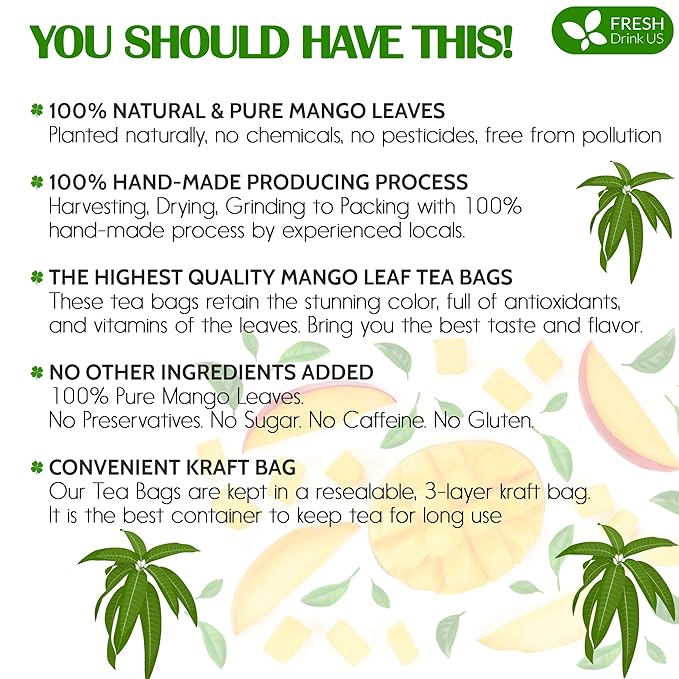 FreshDrinkUS, Premium 60 Mango Leaf Tea Bags, 100% Natural & Pure from Mango Leaves. Loose Leaf Herbal Tea. No Sugar, No Caffeine, No Gluten, Vegan.