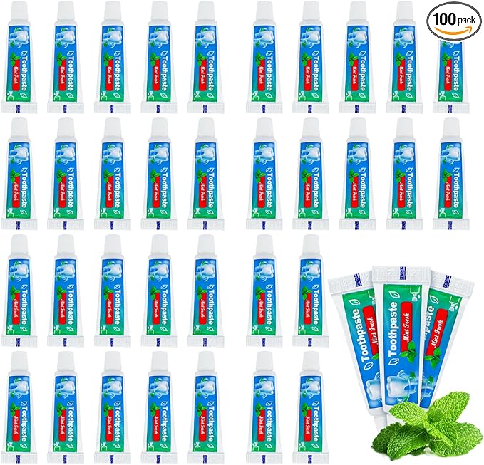 0.176 oz Bulk Travel Size Toothpaste,100 Tubes 5 Grams Extra Small Toothpaste Travel Size Bulk Mint Flavor Mini Disposable Toothpaste for Hotel,Guests,Homeless,School(Too Small,Only be Single Use)