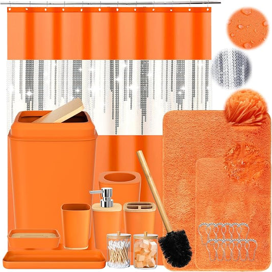 Bathroom Set,Bathroom Sets with Shower Curtain and Rugs Sequin Shower Curtain Set Orange Bathroom Rugs Sets Bathroom Decor