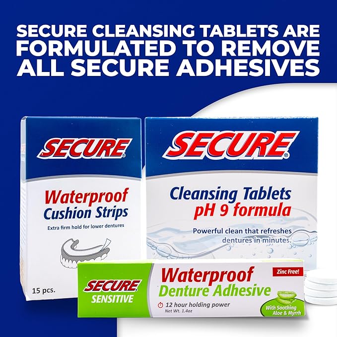 Secure Sensitive Denture Adhesive with Aloe Vera & Myrrh – 12-Hour Max Hold – Patented Waterproof Seal – for All Denture Types – Food Grade Ingredients – 1.4 oz