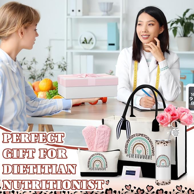 Geiserailie 8 Pcs Dietitian Gifts for Women Including Large Tote Bag Cosmetic Bags Tumbler Cup Plush Socks Metal Keychain Card and Envelope for Christmas Dietitian Nutritionist Thank You Gifts
