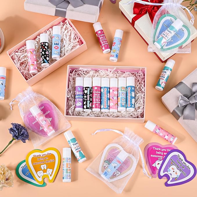 48 Pcs Dentist Gifts Include Lip Balm Thank You Tag Organza Bag Dental Gift for Dental Hygienist Dental Assistant Nurse Suitable Birthday Christmas Thanksgiving Gifts