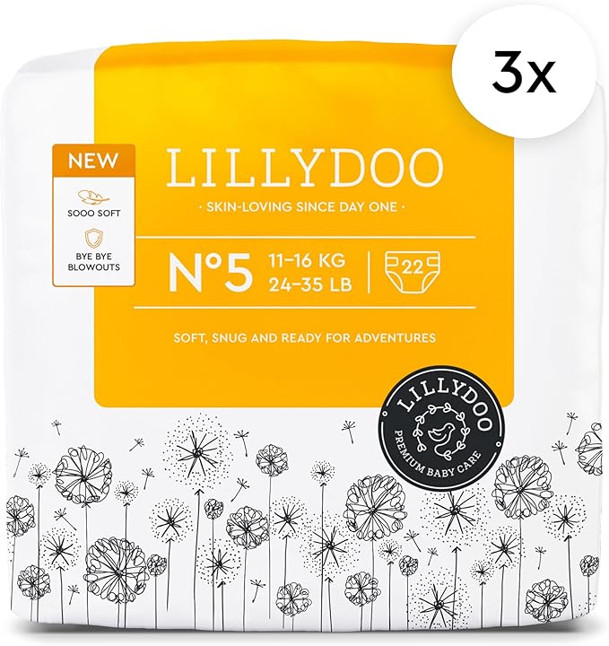 LILLYDOO Baby Diapers - Size 5 (24-35 lbs), Half-Monthly Supply (66 Count), Leak Protection, Skin-Friendly, Ultrasoft, Perfume- & Chlorine-Free, Hypoallergenic, dermatologically Tested, Oeko-TEX®