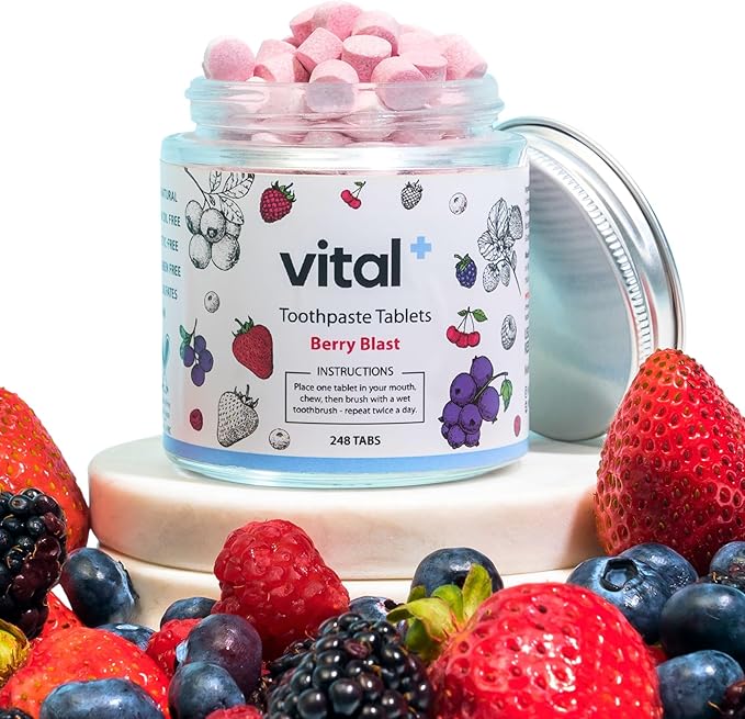 Vital Toothpaste Tabs with Nano-Hydroxyapatite | Berry Blast | Remineralizes Teeth | Kids Love It! | Fluoride Free | Plastic Free & Eco Friendly | Travel & TSA Approved | 248 Tablets (4 Months)