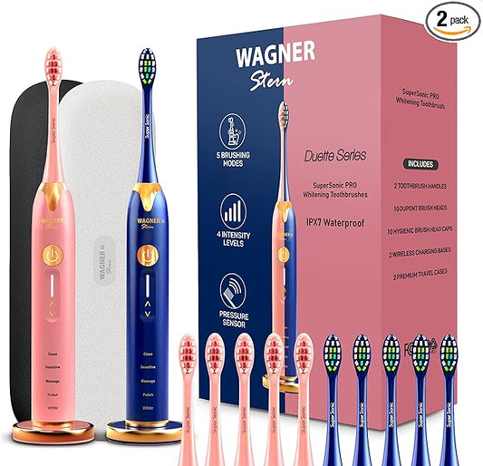 Wagner Stern. Duette Series. 2 Electric toothbrushes with Pressure Sensor. 5 Brushing Modes and 4 Intensity Levels, 10 Dupont Bristles, 2 Premium Travel Cases. (Pink/Blue)
