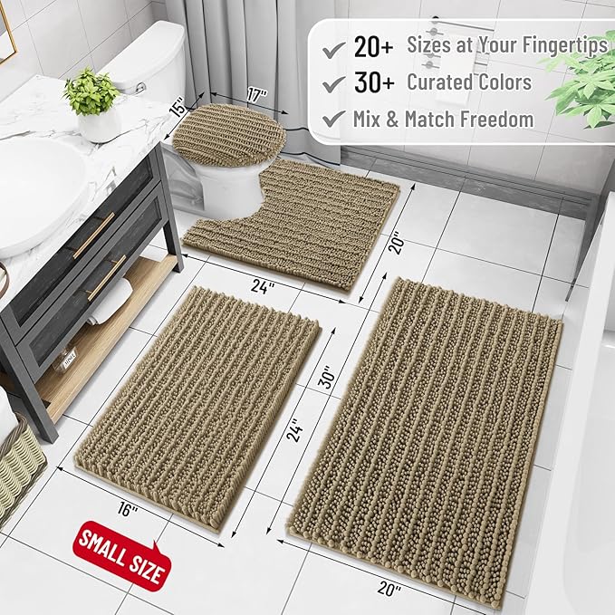 Arotive Luxury Chenille Bathroom Rug Mat, Extra Soft Thick Absorbent Shaggy Bath Rugs, Non-Slip Machine Wash Dry, Plush Bath Mats for Bathroom, Shower and Tub, 30x17, Camel