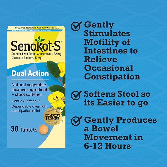 Senokot-S Dual Action 30 Tablets, Natural Vegetable Laxative Ingredient Plus Stool Softener Tablets, Gentle Dependable Overnight Relief of Occasional Constipation