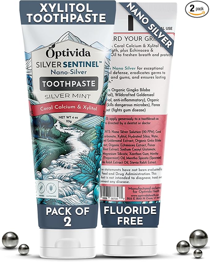 Optivida (2 Pack) Fluoride Free Colloidal Silver Infused Xylitol Toothpaste for Adults & Kids. Anti-Cavity*, Anti-Plaque* Coral Toothpaste with Spearmint Oil for Gum Health & Teeth whitening - 4oz