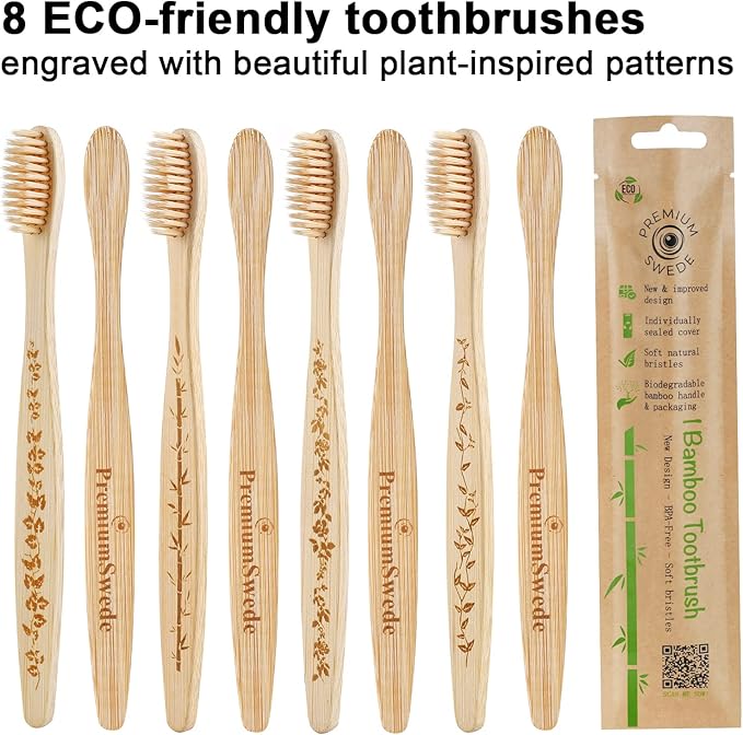 Bamboo Toothbrushes Soft Bristles Adult - 8 Pack Eco-Friendly Bamboo Toothbrushes Individually Wrapped - Sealed Soft Bristle Toothbrush - Biodegradable Natural Wooden Toothbrush