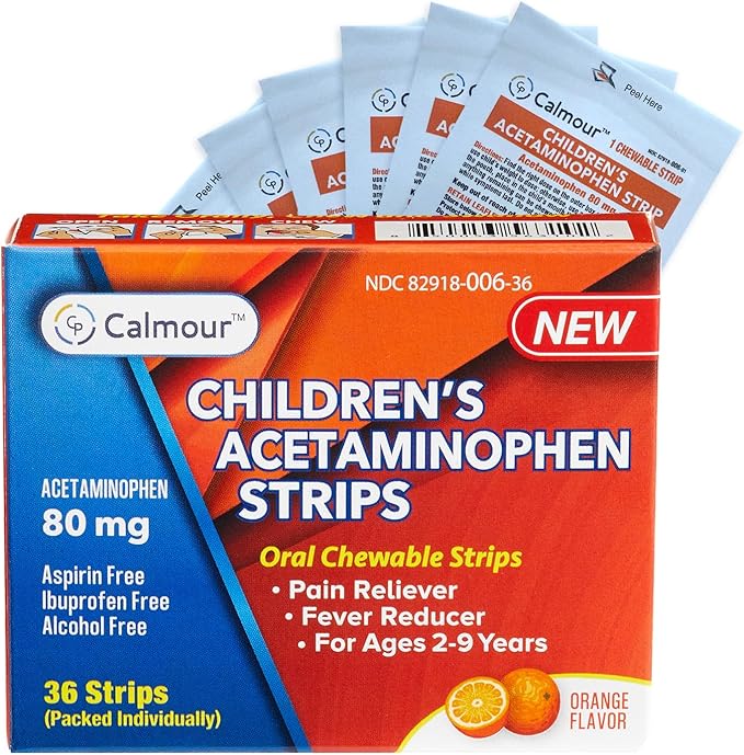 Children's Acetaminophen 36 Strips | Pain Reliever & Fever Reducer | Fast-Acting Support for Cold & Flu Symptoms | Oral Chewable Strips for Kids Ages 2-9 | Travel Size, Orange Flavor