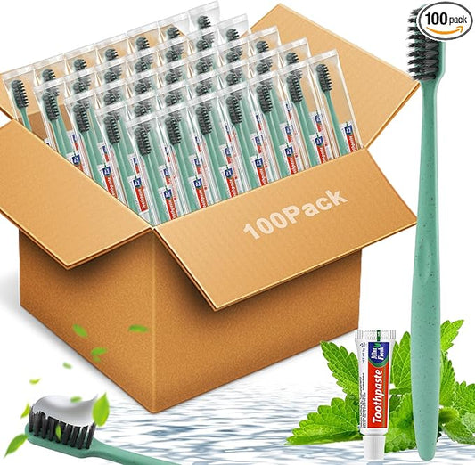 HOFASON Disposable Toothbrushes with Toothpaste 100 Pack, Bulk Travel Toothpaste and Toothbrush Set, Travel Size Tooth Brush Paste Kit, Individually Wrapped Toiletries for Homeless, Hotel, Shelter