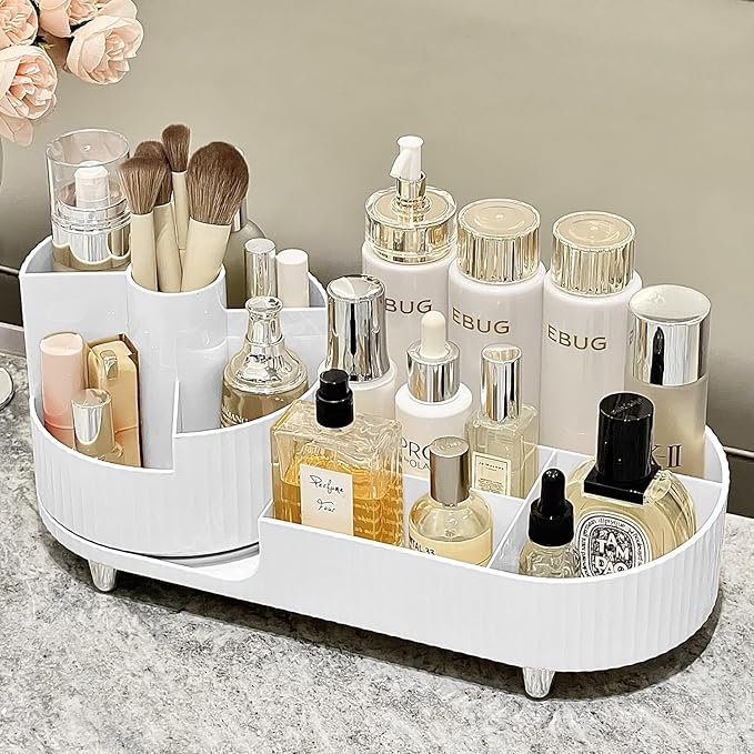 Makeup Organizer Countertop Rotating Makeup Organizer for Vanity Large Capacity Cosmetic Display Case with Makeup Brush Holder Cosmetic Organizer Countertop（White）