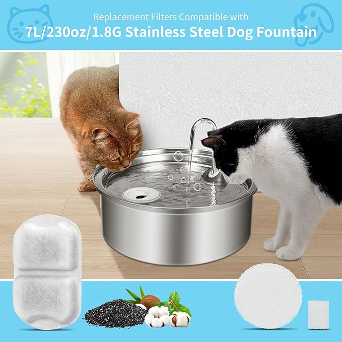 16 Set Dog Fountain Filter Replacement for 7L/230oz/1.8G Stainless Steel Dog Water Dispenser, YOIHABV Cat Fountain Filters, Triple Filtration Pet Water Filter, Replacement Filters and Sponges