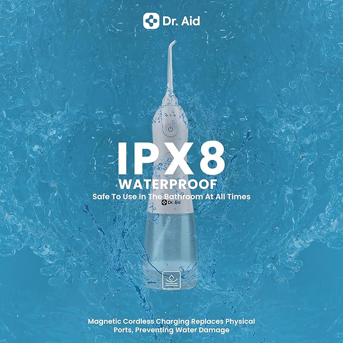 Dr. Aid Dental Water Flosser – Portable Oral Irrigator – 11Oz Tank, Water Filter, 5 Tips, Magnetic Charger – IPX8 Waterproof Cordless Water Flosser, Ideal Water Flossers for Teeth, Gums, Braces, White