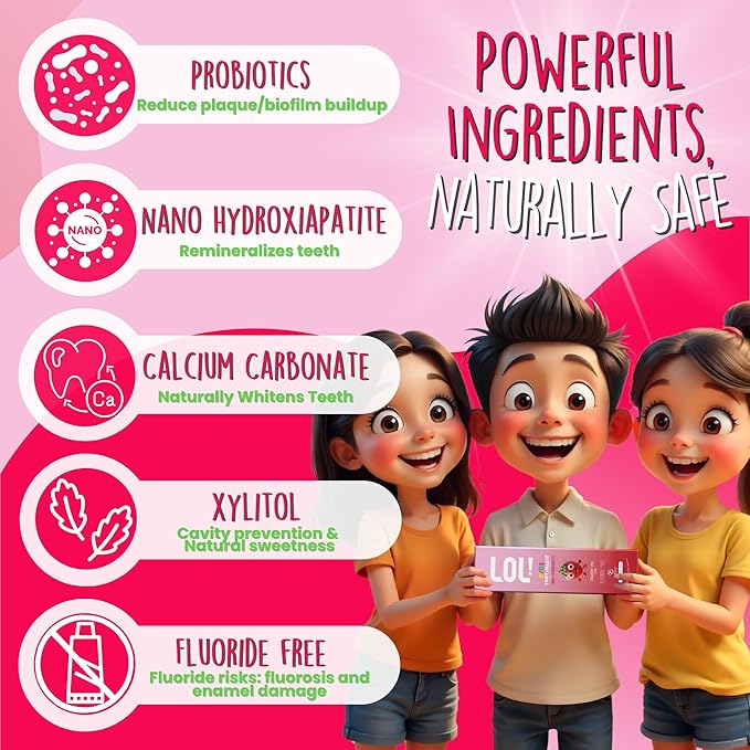 LOL Kids Toothpaste | Fluoride Free 2-Flavors Pack | Nano Hydroxyapatite Toothpaste, Probiotics, Vitamins A, C, E | Safe if Swallowed, No SLS | 1 Strawberry, 1 Peppermint