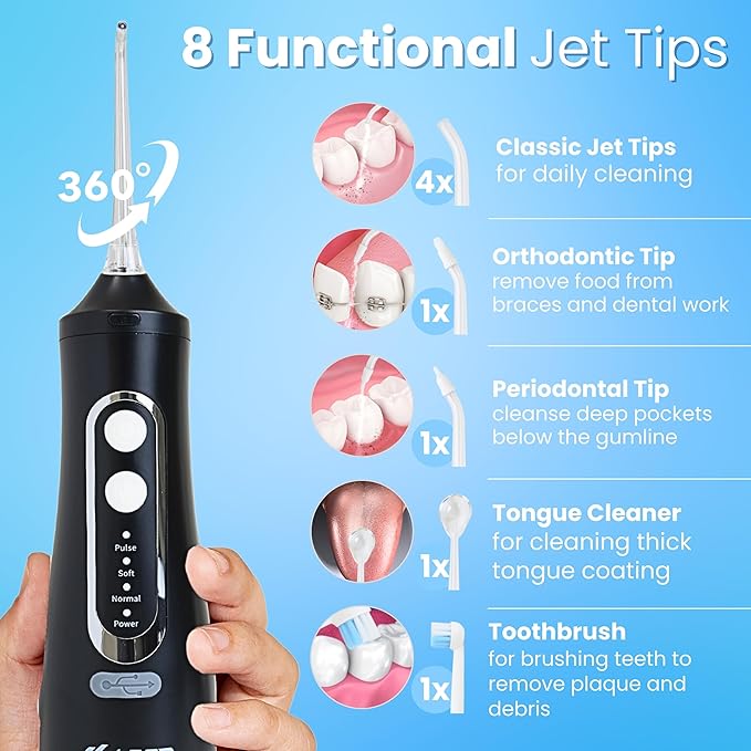 Dental Water Flosser Cordless, 310ML Electric Flosser with 4 Cleaning Modes & 8 Replaceable Jet Tips, IPX7 Waterproof Electric Waterflosser for Teeth Cleaning (8 Tips)