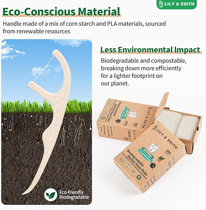 LILY & EDITH Biodegradable Dental Floss Picks Adults and Kids 300 Counts, Fluoride-Free, Plant Based Straw Wheat Material, Planet Protector, Zero Waste Package, Shred Resistant (Chocolate)