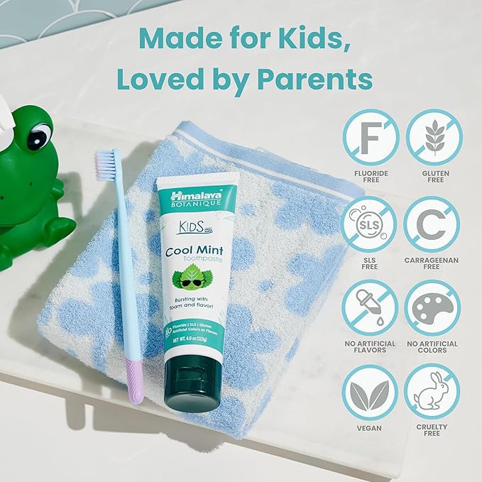 Himalaya Botanique Kids Toothpaste, Cool Mint, Fluoride-Free, Gentle, No Artificial Colors, SLS Free, Gluten Free, Cruelty Free, Vegan, Foaming, 4 Oz, 1 Pack…