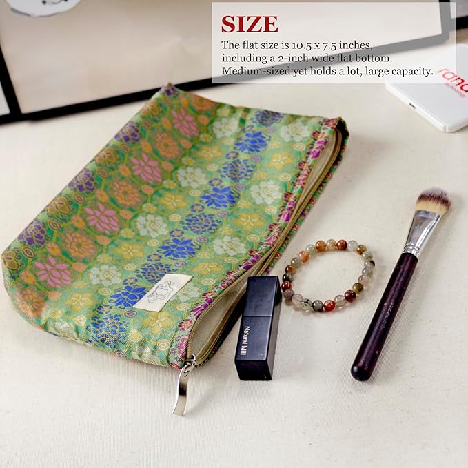 HAPPYHEIDI Cute Pouch Makeup Bag Cosmetic Toiletry Travel, Tote Purse Organizer, Machine Washable, Compact and Large Capacity, Bohemian Lotus Floral