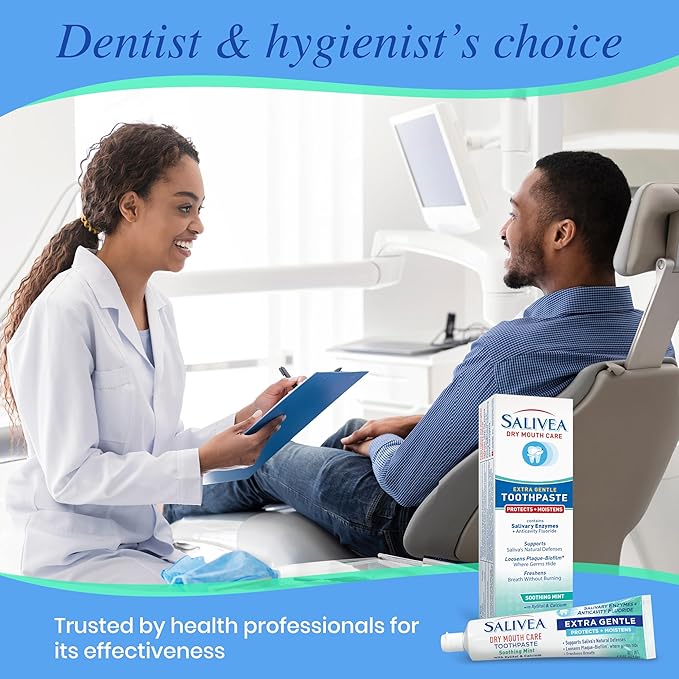 SALIVEA Gentle Toothpaste for Dry Mouth Care, 4.3 oz Tube, Anticavity with Fluoride, Natural Salivary Enzymes, Vitamin E & Aloe Vera, Cleans, Moisturizes & Refreshes Breath, Soothing Mint Flavor