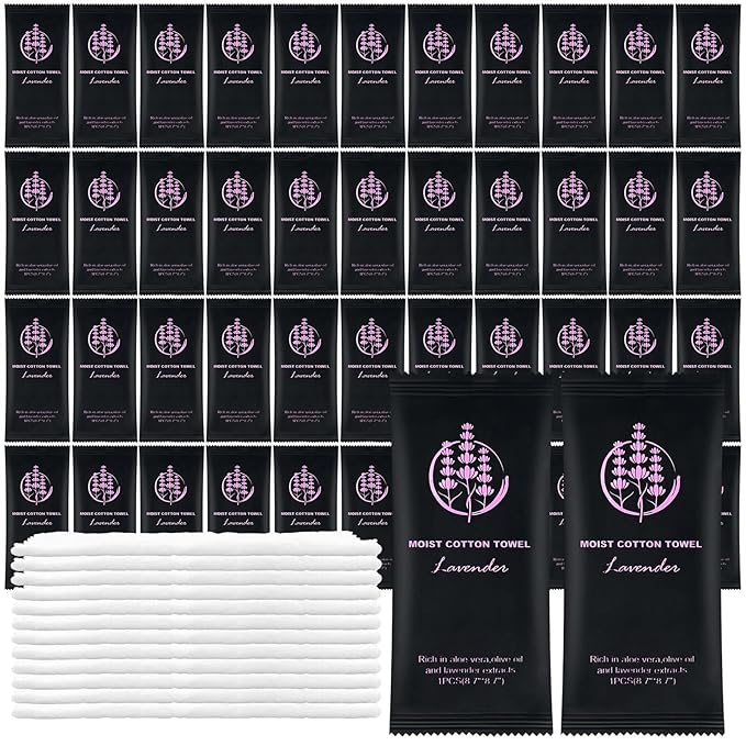 Moist Cotton Towel Bulk Moist Towelettes Individually Wrapped,White Towel Services,Refreshment Pre Moistened Towels for Dentist Travel Sport Party Hotel （Lavender,50)