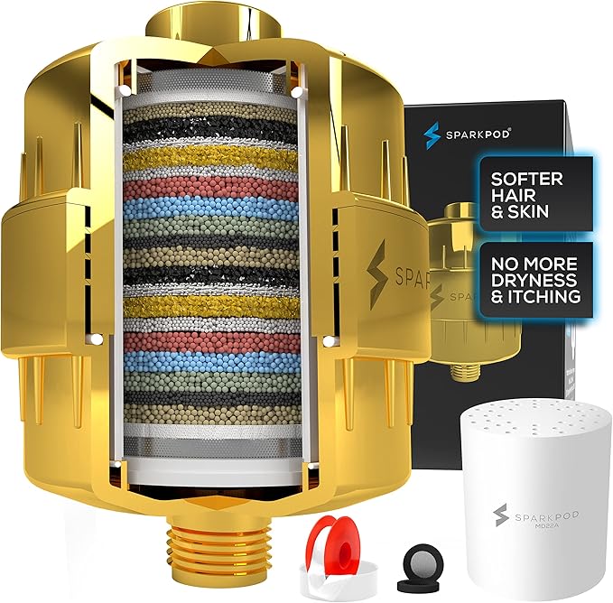 SparkPod 23 Stage Shower Head Filter for Dry Hair and Skin - High Output Universal Shower Filters to Remove Toxic Chemicals, Chlorine & Heavy Metals (Egyptian Gold)