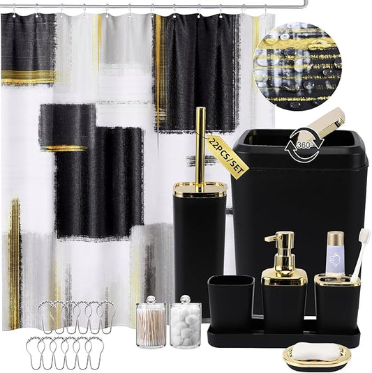 Black and Gold Bathroom Accessories Set, Bathroom Sets with Shower Curtain, Black Bathroom Accessories with Trash Can, Soap Dispenser, Soap Dish, Toilet Brush Holder, Qtip Holders for Bathroom
