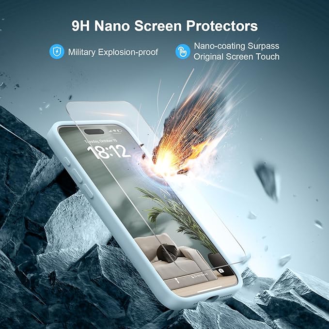 Magnetic for iPhone 15 Pro Case, Compatible with MagSafe, with 9H Nano Screen Protectors, Full Camera Protection, Silicone Shockproof Microfiber Lining Phone Case 6.1", Sky Blue