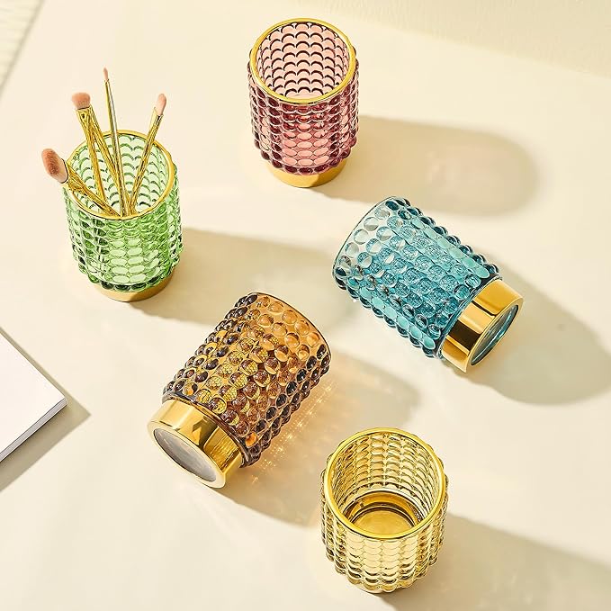 Makeup Brush Holder Organizer,Toothbrush Holders,Desk Pen Pencil Holder,Multifunctional Vintage Glass Brush Cup(A38-9-US/Brown/L)