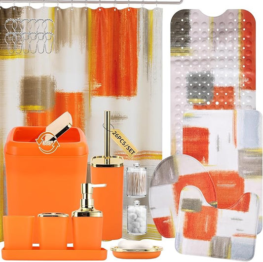 Bathroom Accessories Set - 26PCS Orange Bathroom Set, Bathroom Accessory Set with Shower Curtain and Rugs and Bathtub Mats for Home