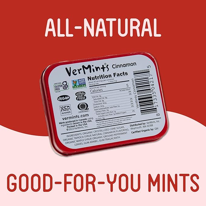 VerMints Organic Cinnamon Breath Mints - Real Lasting Cinnamon Refreshment - Travel Size Tin - Non-GMO, Nut Free, Gluten Free, Vegan & Kosher Organic Flavored Mints - 1.41 oz (6 Pack)