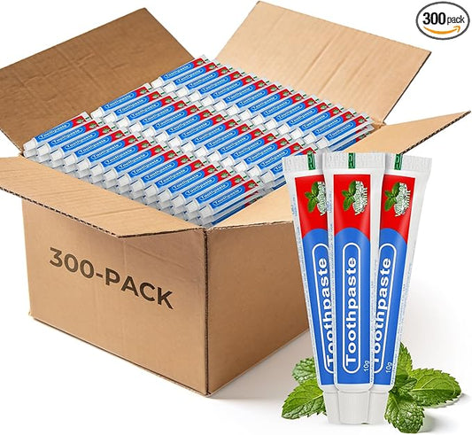 Travel Toothpaste Bulk, 10g/0.35oz Red & Blue Disposable Toothpaste Suitable for Hotels, Camping, Guests, Homeless Individuals, Charities (300-PACK)