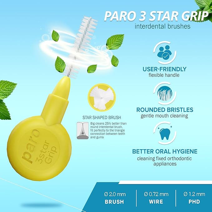 Paro Swiss 3Star-Grip Interdental Brushes – Xx-Fine, Triangular, Yellow, 2.5mm, 4x12 Pack – Deep Between Teeth Cleaning