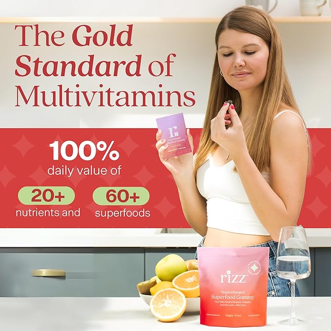 Rizz Sugar-Free Green Gummies - 60+ Superfoods 6g Fiber - Prebiotic and Probiotic Gummies - Vegan Multivitamins for Women & Men - Gluten Free - Mushroom, Fruit and Vegetable Supplements -30 Day Supply