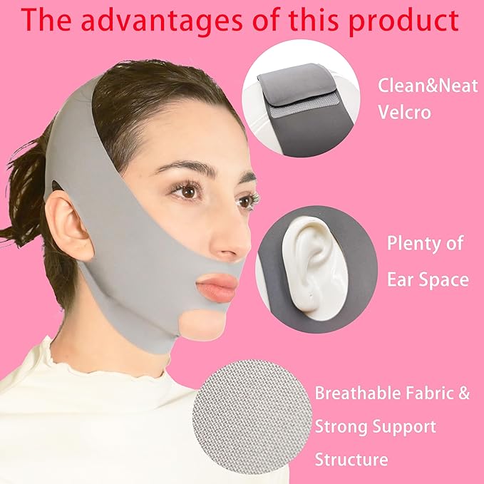 V Line Lifting Mask Chin Strap for Sleeping, Face Lifting Strap, Chin Strap, V Line Mask, Jawline Shaper, Jaw Strap, Double Chin Reducer, Face Lift Tape & Snoring Solution (Grey&Pink)