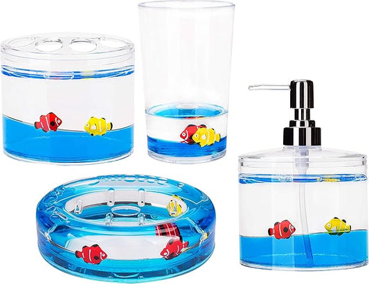 Locco Decor 4 Piece Acrylic Liquid 4D Floating Motion Bathroom Vanity Accessory Set Garden Theme Leaf Toothbrush Holder, Tumbler, Soap Dispenser, Soap Dish