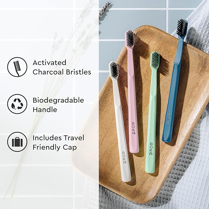Boka Classic Manual Toothbrush with Extra Soft Activated-Charcoal, Tapered Bristles, Bioplastic Handle That Includes Travel Cap, Dentist-Approved, Great for Adults and Kids, White (Pack of 1)