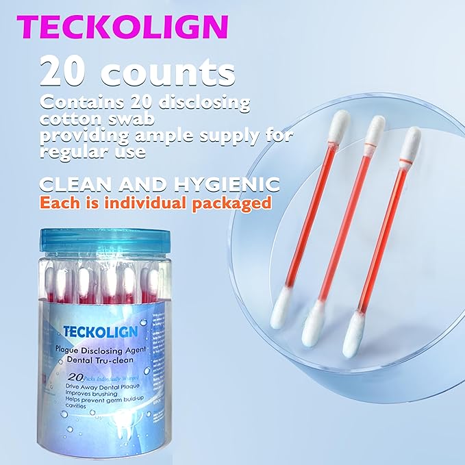 Dental Plaque Disclosing Agent, Plague Display Cotton Swab(not Tablets) Indicator, for Kids & Adults, Shows Plaque,Helps Teach Brushing Habits, Dental Care Kits, 20 Count in 1 Pack