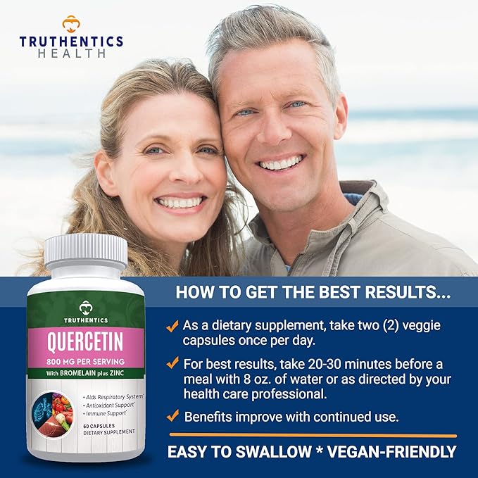 TRUTHENTICS Quercetin with Bromelain and Zinc 1050mg - Premium Zinc Quercetin Supplements for Immune, Respiratory & Seasonal Support - Non-GMO, Gluten Free - 60 Veggie Capsules