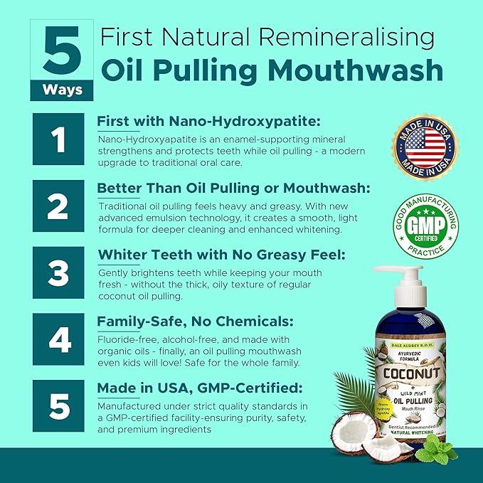 Ayurvedic Nano Hydroxyapatite Coconut Oil Pulling for Teeth and Gums, Made in USA Whitening Mouthwash Alcohol Free, Teeth Whitening Pulling Oil with Peppermint Oil, Fights Bad Breath & Plaque, 8 FL Oz
