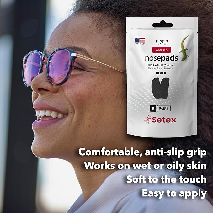 Setex Gecko Grip Ultra-Thin 0.6mm Anti Slip Eyeglass Nose Pads, (5 Black Pair) USA Made, 2500 Innovative Microstructured Fibers per Nose Pad, 0.6mm x 7mm x 16mm