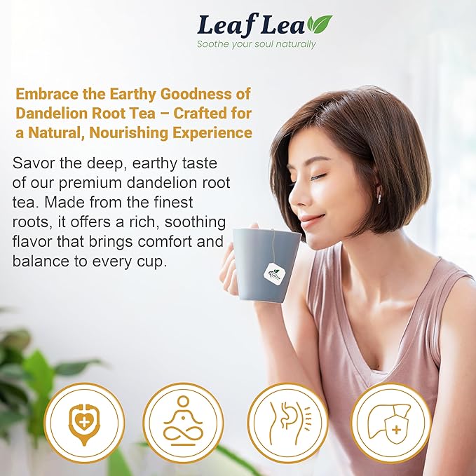 LeafLea Dandelion Root Tea Bags, 160 Dandelion Tea Bags Promotes Healthy Digestion & Immune Function, Herbal Tea from Pure Roasted Dandelion Root, Caffeine-Free, Vegan, Gluten-Free, No Sugar, 4 Pack
