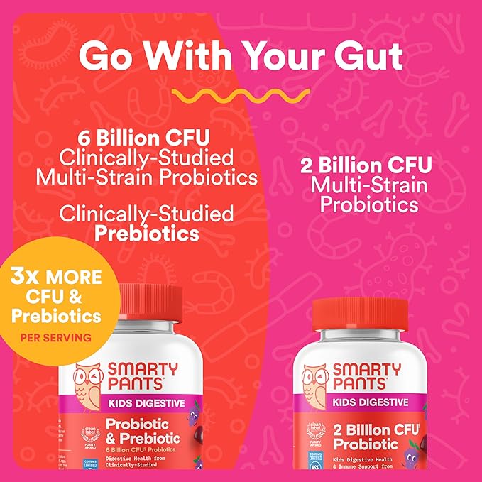 SmartyPants Kids Probiotic & Prebiotic Gummies for Digestive Health: Gut Health Supplement, Clinically Studied Prebiotic for Immune Support, Grape, 60 Count (30 Day Supply)