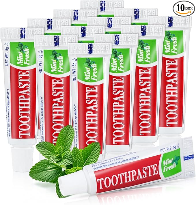 Travel Size Mini 0.176 oz Toothpaste Bulk, Disposable Mint Flavor Pocket Teeth Paste Small Essential Toothpaste for Travel, Home/Hotel/Guests/Charity/Homeless/Camping Oral Care Single Use, 10 Tubes