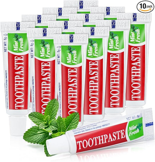 Travel Size Mini 0.176 oz Toothpaste Bulk, Disposable Mint Flavor Pocket Teeth Paste Small Essential Toothpaste for Travel, Home/Hotel/Guests/Charity/Homeless/Camping Oral Care Single Use, 10 Tubes